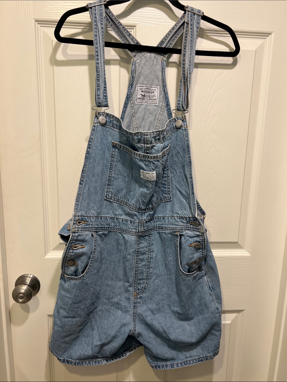 Women’s Light Blue Denim Short Overalls - Classic Casual One-Piece LG